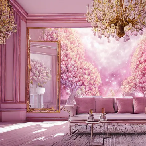 Prompt: a pink garden universe captured in a room with lights and clouds and mirrors photorealistic ultra detailed 8 k, digital painting, unreal engine, 3 d render