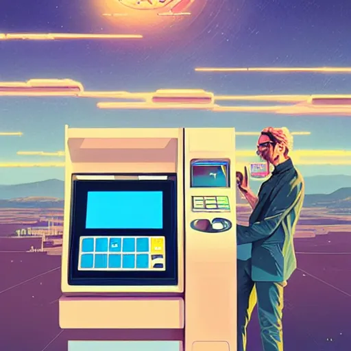 Image similar to withdrawing Solana cryptocurrency from an atm, futuristic illustration, by James Gilleard and Bruce Pennington, highly detailed,