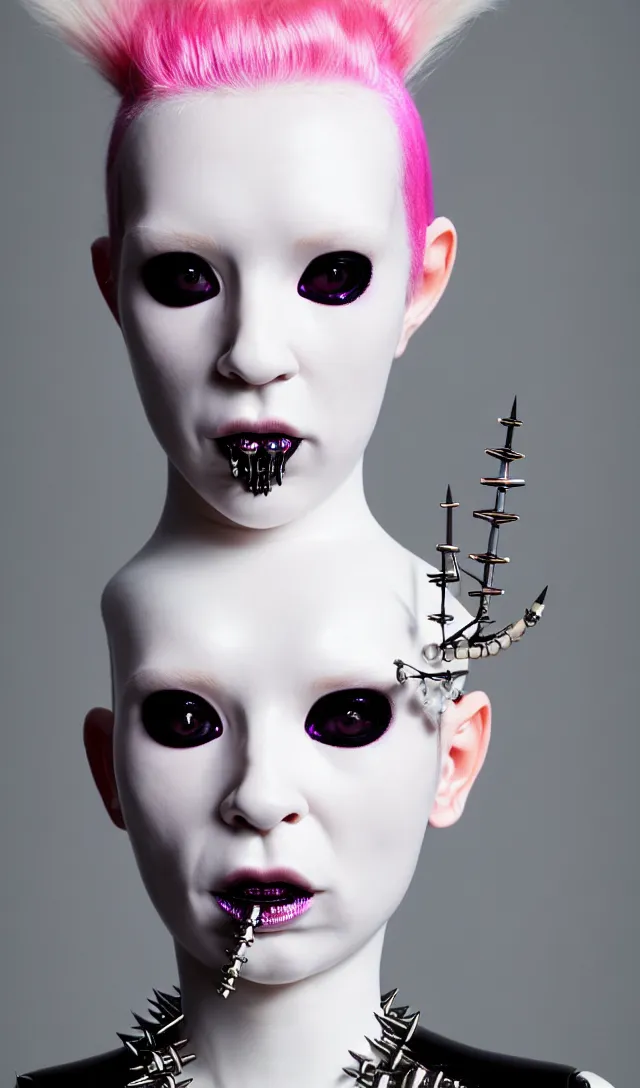 Prompt: symmetrical portrait of a biomechanical demoness wearing a steel spikes studded iridescent beauty mask and pink hair buns, wearing a black bodysuit by alexander mcqueen, cream white background, soft diffused light, biotechnology, humanoid robot, perfectly symmetric, bjork aesthetic, translucent, by rineke dijkstra, intricate details, highly detailed, masterpiece,