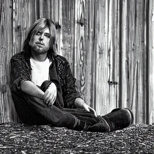 Prompt: Kurt Cobain, using psychodelic drugs in a wooden shed, sitting in a corner, surreal, abstract, HD, 4K