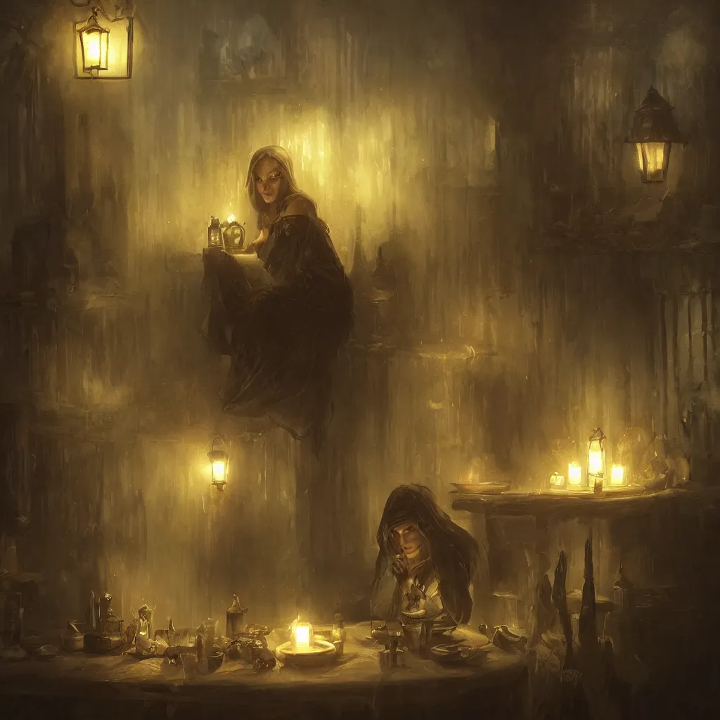 Image similar to A dark shadowy cottage at night, a witch sitting at a candlelit table, by Bastien LeCouffe-Deharme, UHD