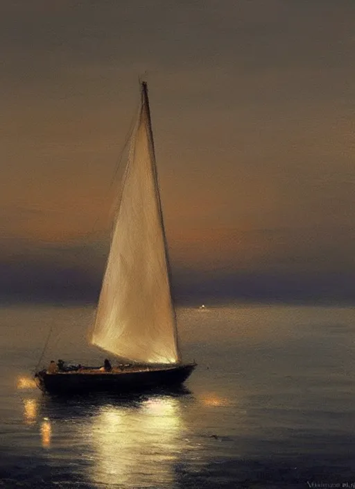 Image similar to There is a small sailboat on the dark blue sea, night view, by Vicente Romero Redondo