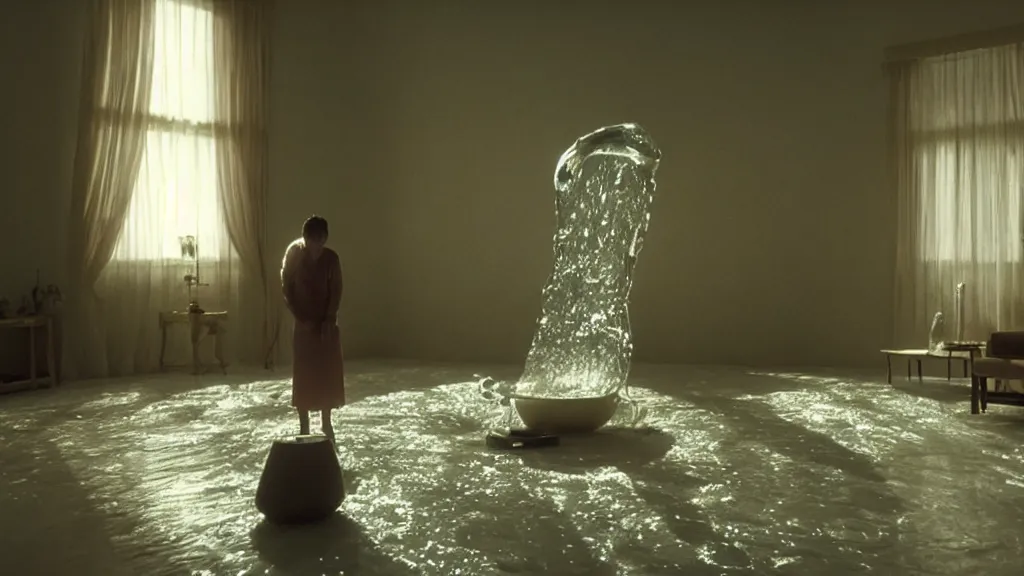 Image similar to a giant hand made of wax and water floats through the living room, film still from the movie directed by Denis Villeneuve with art direction by Junji Ito, wide lens