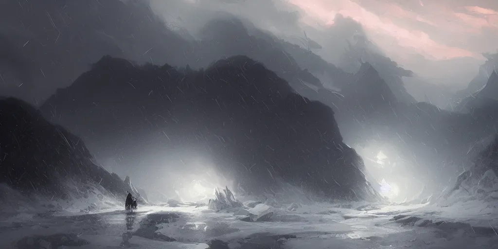 Image similar to A violent winter storm over the mountains, fork lightning, magical, foreboding and epic, digital art by Greg Rutkowski and Studio Ghibli