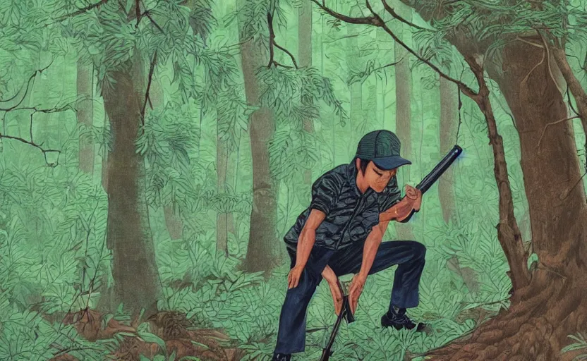 Image similar to 1 9 8 0 s japanese illustration of man with a baseball hat and a rifle, crouching through a lush old green forest, detailed illustration, tense atmosphere, 1 9 8 0 s stephen king,