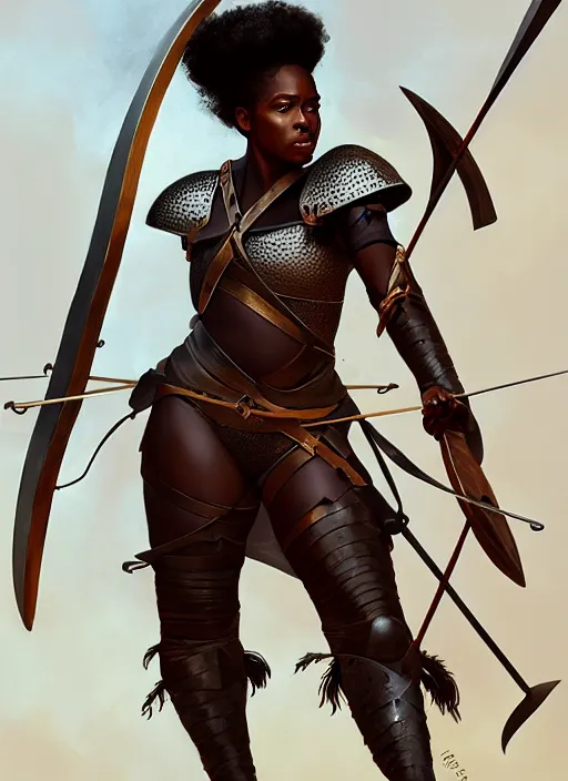 Image similar to full body portrait of beautiful black woman as a medieval archer, leather armor and war bow, cinematic, highly detailed, digital painting, artstation, concept art, smooth, sharp focus, illustration, face by wlop, illustrated by mars ravelo and greg rutkowski