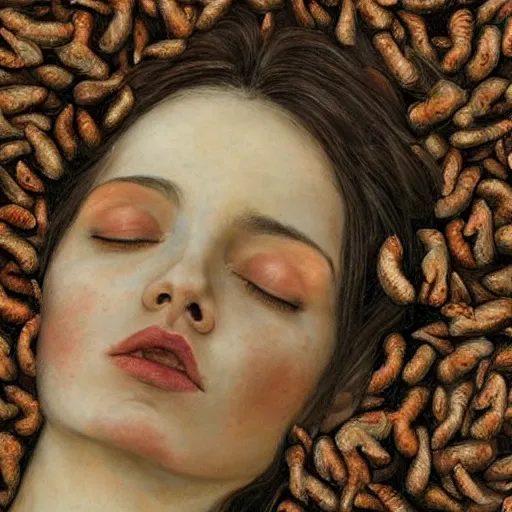 Prompt: a hyperrealistic painting of a beautiful woman sleeping on a bed of cockroaches, by santiago caruso, highly detailed,