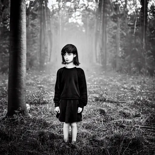 Image similar to stunning portrait photography of A sad child, near forest, outdoors, dark from national geographic award winning, large format dramatic lighting, taken with canon 5d mk4, sigma art lens, monochrome