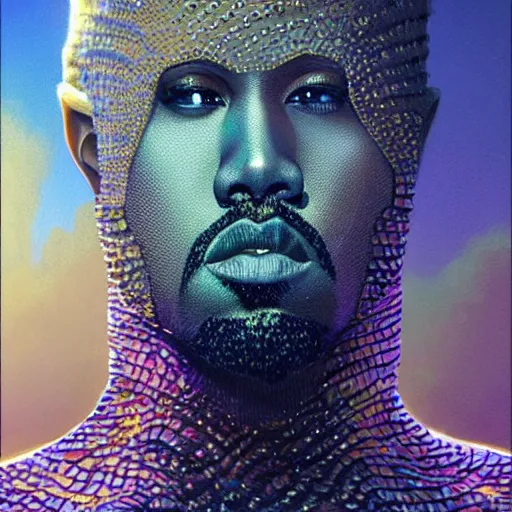 Image similar to kanye - west dressed like a fish, with shimmering scales as skin, swimming underwater!!!, intricate, extremely detailed, digital painting, artstation, concept art, smooth, sharp focus, illustration, ambient lighting, art by artgerm and greg rutkowski and alphonse mucha