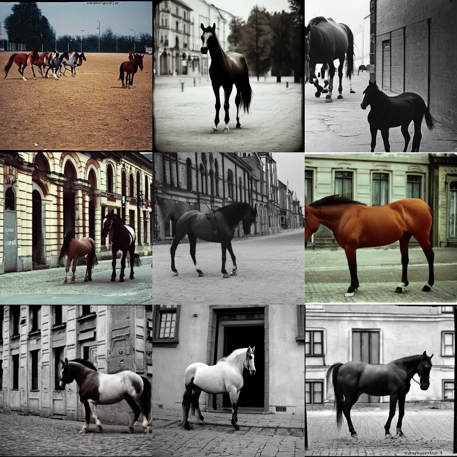 Prompt: in empty!!!! legnica , horse, film still