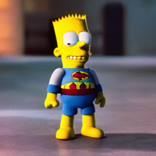 Image similar to still image of bart simpson in the dark knight, cinematic, anamorphic, 8 0 mm f / 2. 8 l, 3 5 mm film, movie