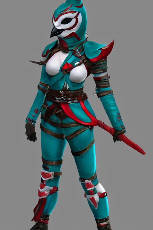 Image similar to female adventurer in tight full - body teal leather armor of japanese design with red accents and a white porcelain crow mask, trending in artstation, establishing shot