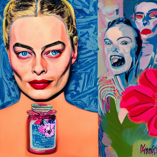 Image similar to detailed oil painting of margot robbie in detail with flowers by james jean, by andy warhol, by frida kahlo