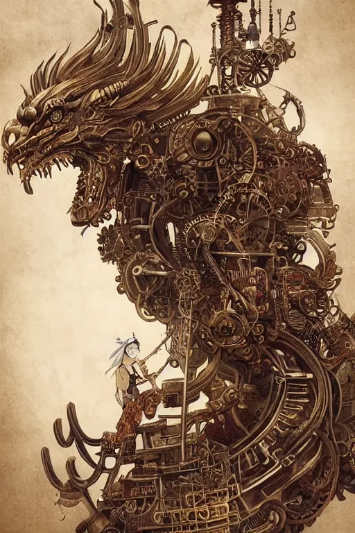 Image similar to illustration, old sick gold and crimsoned scaled asian style dragon on a steam punk plank of machinery with wires and gears and steam punk apparatus, matte painting, style of studio ghibli, featured in artstation and artgerm and pixiv, award winning, cinematic, intricate, 8 k