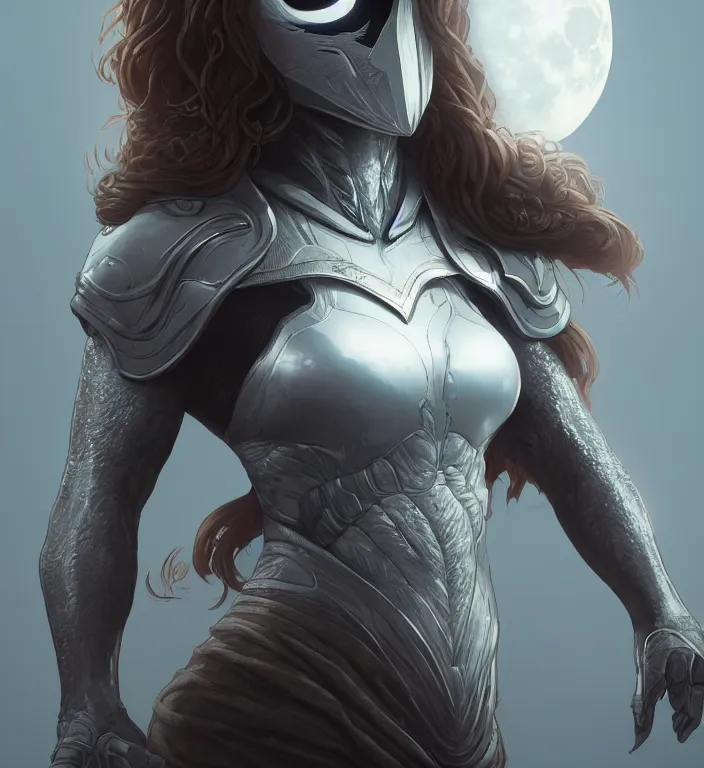 Image similar to female moon knight, hyper detailed, digital art, trending in artstation, cinematic lighting, studio quality, smooth render, unreal engine 5 rendered, octane rendered, art style by klimt and nixeu and ian sprigger and wlop and krenz cushart