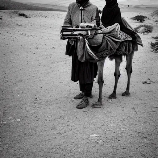 Image similar to anna forsterling and saul bromberger, yulia nevskaya, pulitzer winning, photorealistic, bokeh, fine details, aesthetic / woman wear burqa ride camel and handling gun in shaaran