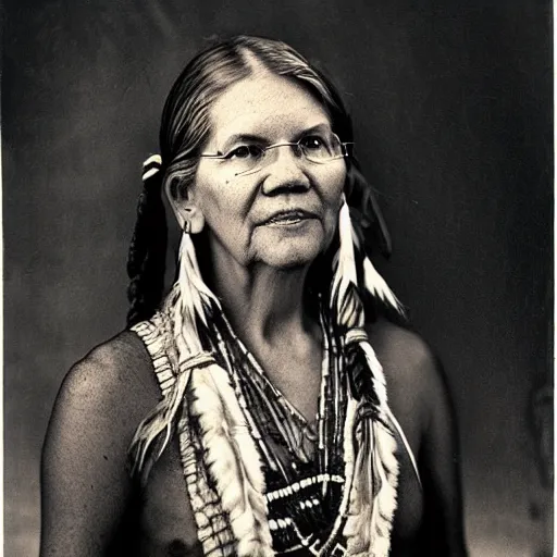 Prompt: elizabeth warren as native american chief, old photograph, sepia, highly detailed,