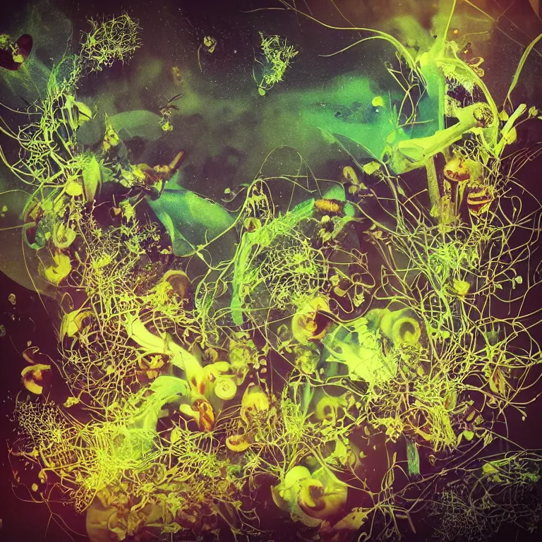 Image similar to double exposure of dally life, symbols of live, explosion, different sprouts and microgreens on mushrooms, cyber mushroom city, mushroom matrix, love is the most relevant theme, 8 k resolution, artistic mode, artistic, trending on instagram, long exposure, love art, serious, fantasy and dreams vibes, mushrooms style and macro style, spring vibes in twilight or sunset lights