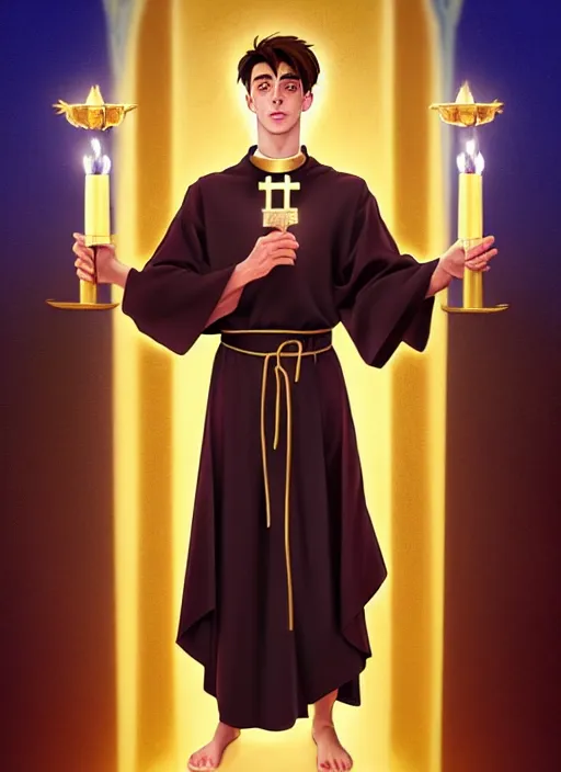 Image similar to kai havertz as a priest wearing robes. holding golden candlestick, in a monestry natural lighting, path traced, highly detailed, high quality, digital painting, by don bluth and ross tran and studio ghibli and alphonse mucha, artgerm