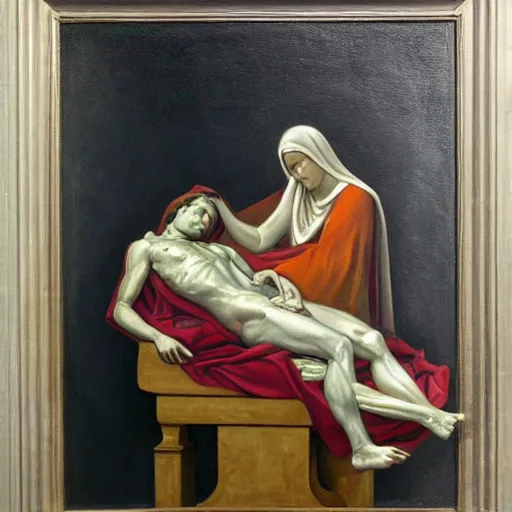 Prompt: a detailed oil painting of The Pieta, by Cravaggio