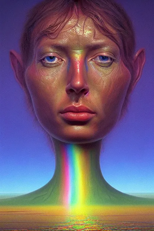 Image similar to hyperrealistic close-up baroque psychedelic!! organic alien!! peaceful kind spirit of nature in another dimension highly detailed concept art eric zener elson peter cinematic hard rainbow lighting high angle hd 8k sharp shallow depth of field, inspired by Zdzisław Beksiński