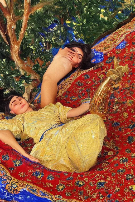 Image similar to gorgeous iranian girl wear detailed golden blue dress big tree palm pot and lay down on a detailed persian carpet, painting by john singer sargent