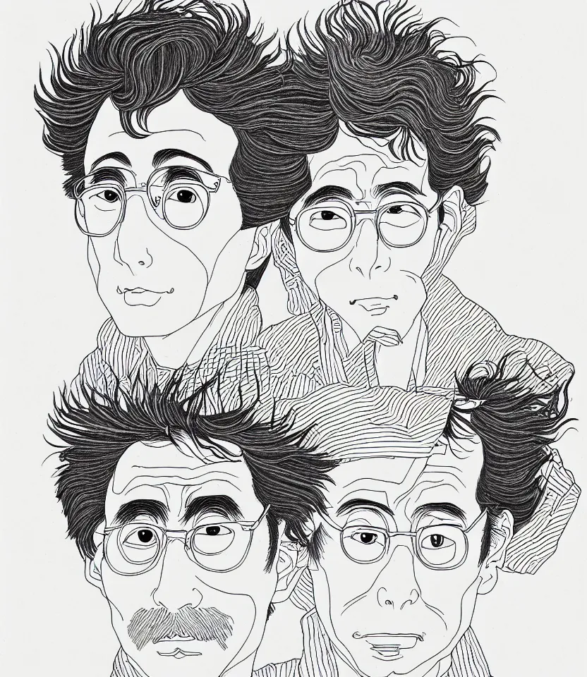 Image similar to detailed line art portrait of hayao miyazaki, inspired by egon schiele. caricatural, minimalist, bold contour lines, musicality, soft twirls curls and curves, confident personality, raw emotion