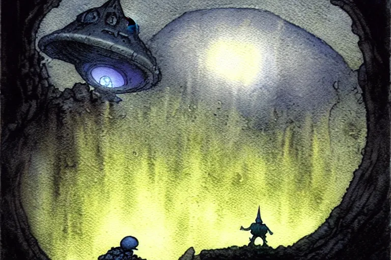 Image similar to a realistic and atmospheric watercolour fantasy character concept art portrait of a short fat chibi grey alien emerging from the mist on the moors of ireland at night. a ufo is in the sky. by rebecca guay, michael kaluta, charles vess and jean moebius giraud