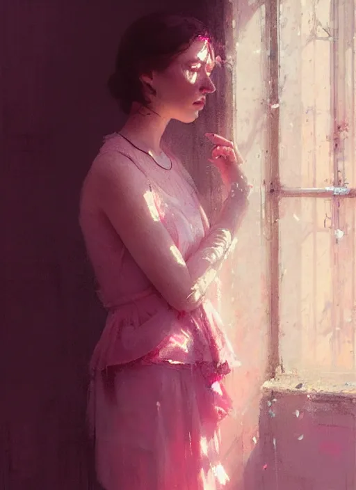 Prompt: indoor portrait of a beautiful girl, shades of pink, beautiful face, rule of thirds, intricate outfit, spotlight, by greg rutkowski, by jeremy mann, digital painting
