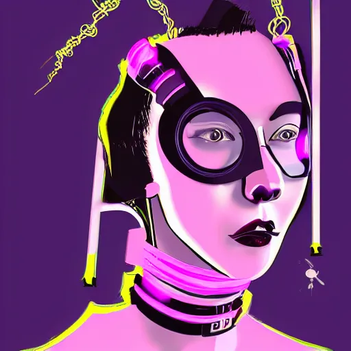 Image similar to a digital artwork of woman wearing technological large steel collar, choker on neck, purple cyberpunk art style, 4K, portrait, punk hairstyle,