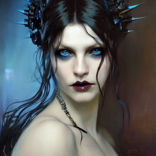 Image similar to dark goth queen with blue eyes, by jeremy mann and alphonse mucha, fantasy art, photo realistic, dynamic lighting, artstation, poster, volumetric lighting, very detailed faces, blue eyes, 4 k, award winning dark, goth, queen, dark fantasy, hyperrealistic portrait, art of elysium, full figure, very detailed face,