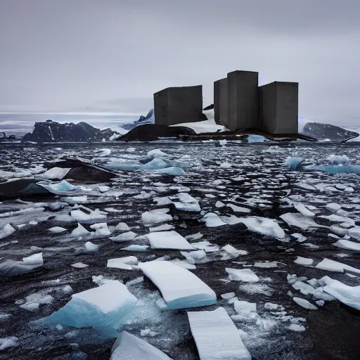 Image similar to antarctic landscape filled with brutalist architecture, sprawling, castles, urban decay, bustling