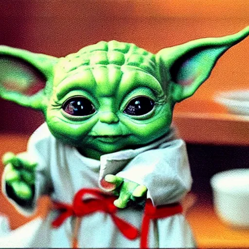 Image similar to tiny and innocent baby yoda appears as a chef wearing a white chefs hat and apron in a beautiful kitchen, preparing some food