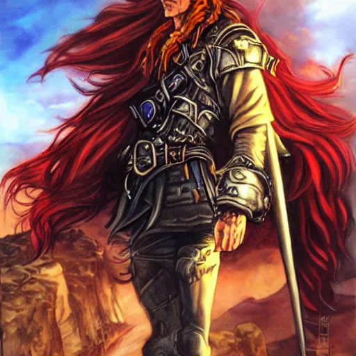 Image similar to an epic fantasy comic book style portrait painting of a long haired, red headed male sky - pirate in front of an airship in the style of yoshitaka amano