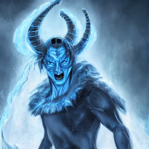 Prompt: a blue tiefling man wearing dark cloths frozen in ice and being shattering into a million pieces, action, cracked, destroyed, shattering, breaking, by Tony Sart, detailed, realistic, masterpiece, symmetrical