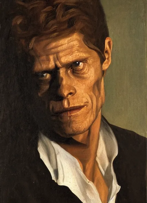 Image similar to portrait painting of 2 4 year old willem dafoe, renaissance oil painting, studious chiaroscuro