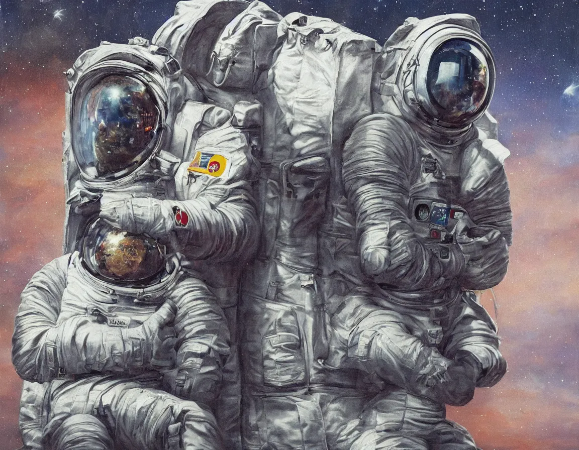 Prompt: hyper realistic oil painting of sitting astronaut waiting for the bus at the bus stop, hd, hdr, by stanisław wyspianski, ultra detailed, high resolution