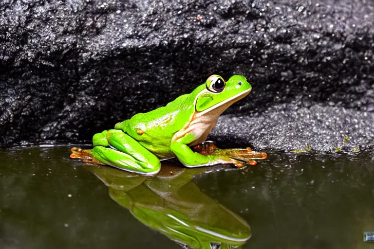 Image similar to a frog made out of lava hopping into a pond, nature photo 85mm