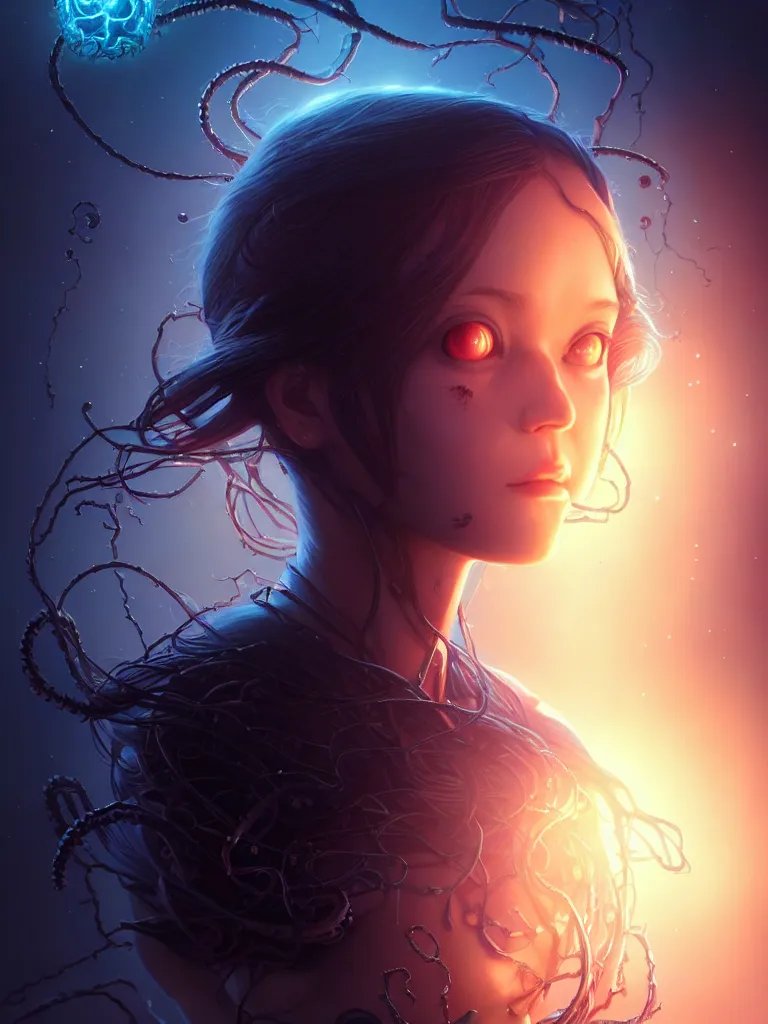 Image similar to azathoth girl save the earth, occlusion shadow, specular reflection, rim light, unreal engine, artgerm, artstation, art by hiroaki samura and ilya kuvshinov and ossdraws, intricate, highly detailed 8 k, cosmic horror illustration, extremely beautiful and aesthetic shape of face and body, movie poster