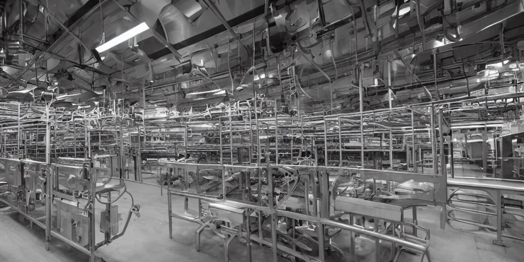 Image similar to inside of a busy meat processing plant, photography
