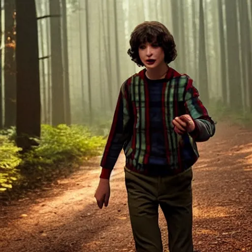 Image similar to Finn Wolfhard (Mike Wheeler) for Stranger Things holding a gun and running in a forest, dramatic lighting, cinematic, establishing shot, extremely high detail, photo realistic, cinematic lighting