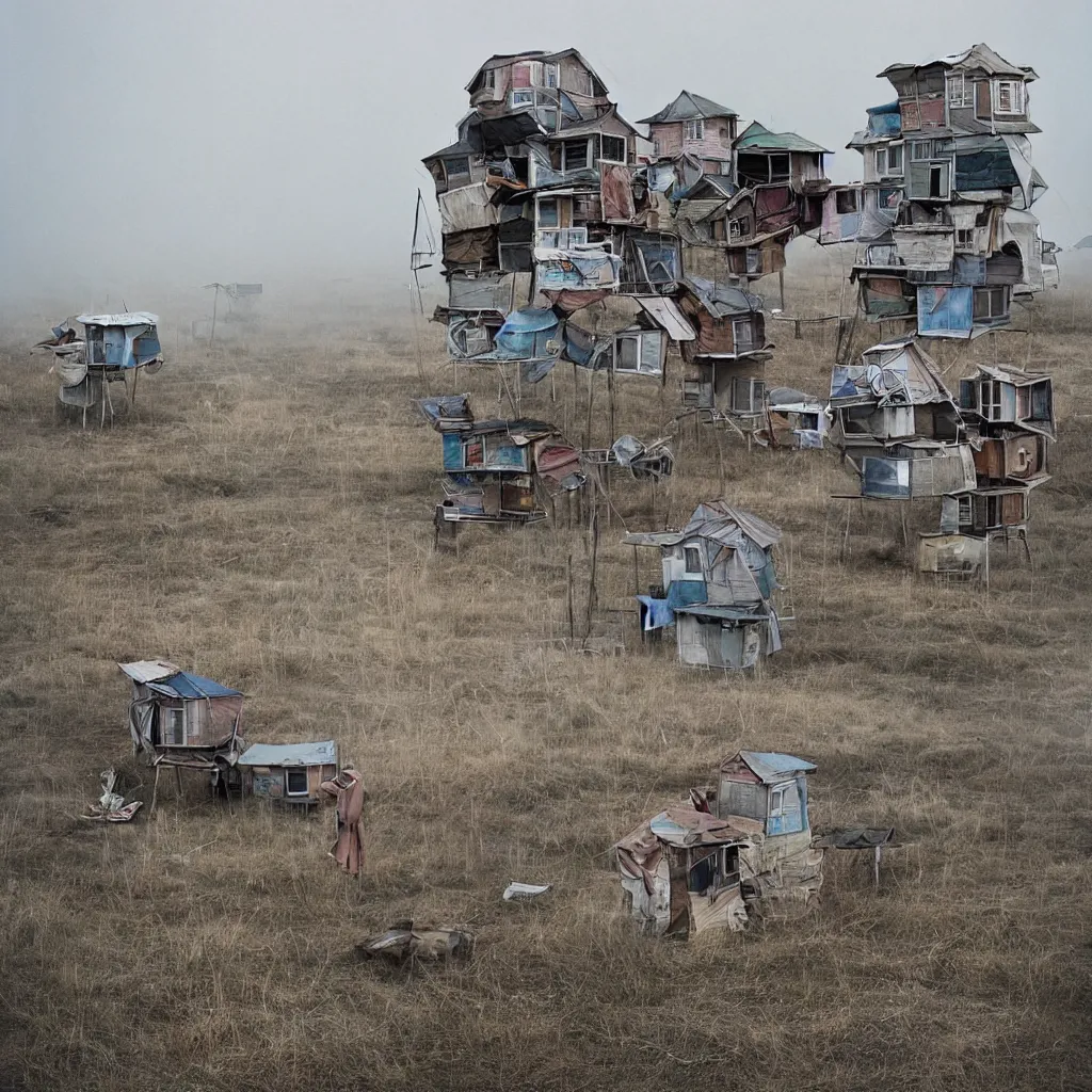 Image similar to towers made up of stacked makeshift squatter shacks with faded colours suspended over a quagmire, plain uniform sky at the back, misty, mamiya, ultra sharp, very detailed, photographed by julie blackmon, cristina de middel and john chiara