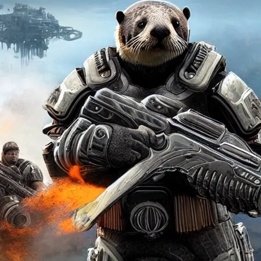 Image similar to a sea otter in gears of war armor firing a pistol