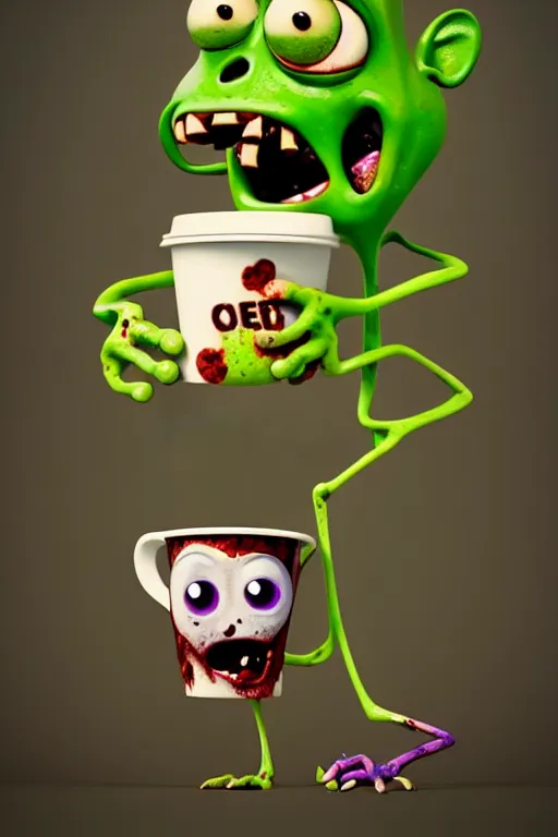 Prompt: a funny zombie character like plants vs zombies with big eyes holding a cup of coffee on a cemetery at night. pixar disney 4 k 3 d render movie oscar winning trending on artstation and behance. ratatouille style.