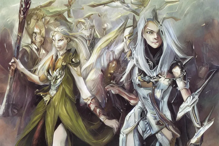 Prompt: dungeons and dragons fantasy painting of elven soldiers, white hair, determined expressions, anime inspired