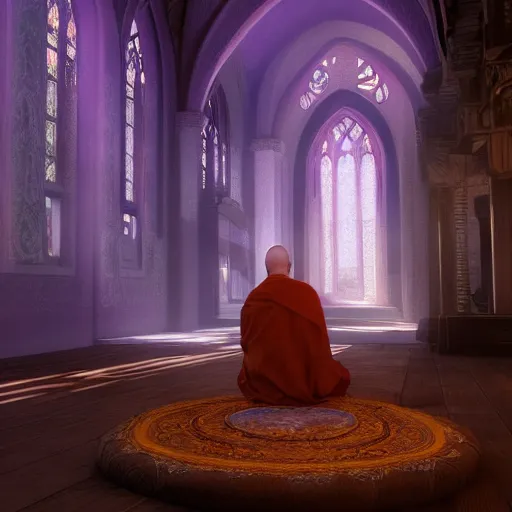 Prompt: mystic purple monk meditate in old church, unreal engine, digital, artstation, detailed body, heavenly atmosphere, digital art, overdetailed art, trending on artstation, cgstudio, the most beautiful image ever created, dramatic, award winning artwork, beautiful scenery