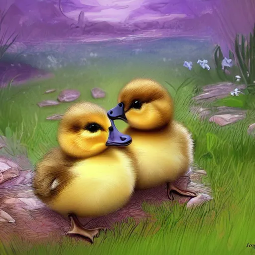 Image similar to two baby ducklings going on an adventure, fantasy, detailed digital art,