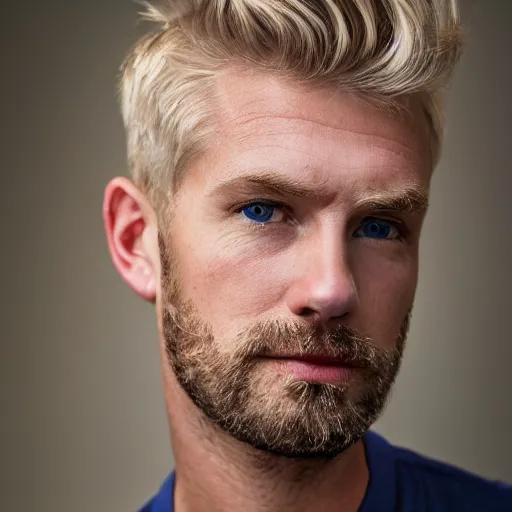 Image similar to close up of face of good looking 4 0 year old blond man with blond stubble, very short wavy blond hair in a short pompadour style, very pale skin, blue eyes, hairy shoulders, hairy chest, color portrait, 4 k