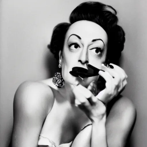 Prompt: joan crawford smoking a joint or cigarette, photo journalism, portrait, in the style of anna leibovitz