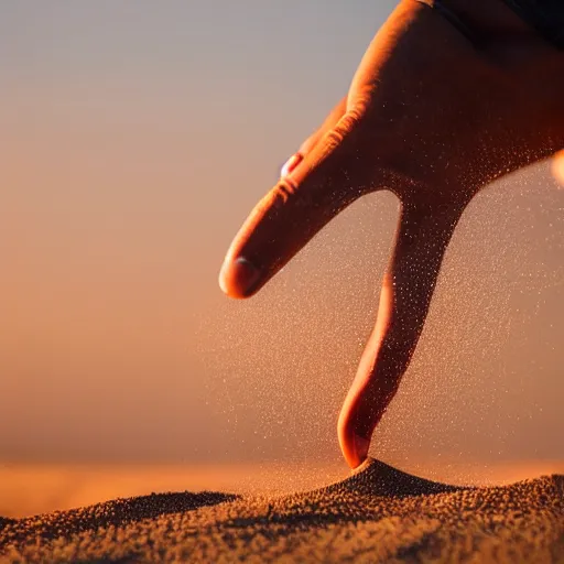 Image similar to Woman made out of sand sitting in desert at dusk and staring down at her hand as it slowly blows away into the wind. high quality, ultra detail, artistic lighting, artistic, award winning photo,